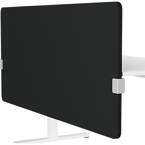 Fixation de bureau noire fixée à un bureau blanc. Le support est également blanc.