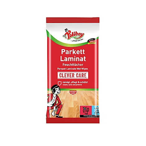 Red packaging for parquet laminate wet wipes. The lettering "CLEVER CARE" is prominently placed.