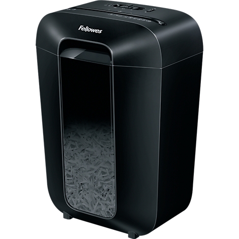 Black paper shredder with "Fellowes" logo. Viewing window with shredded paper.