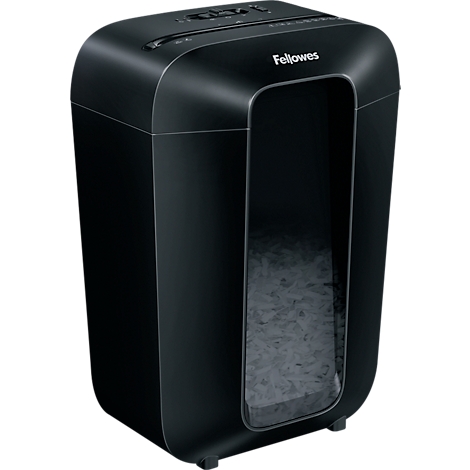 Black paper shredder with 'Fellowes' logo. Large collection container with shredded paper.