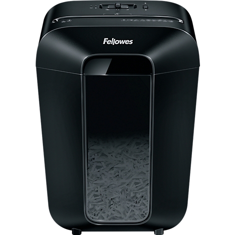Black paper shredder with "Fellowes" printed. The shredded paper is visible at the bottom of the device.