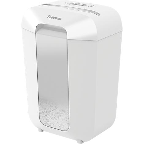 White paper shredder with viewing window filled with shredded paper. The brand name Fellowes is visible.