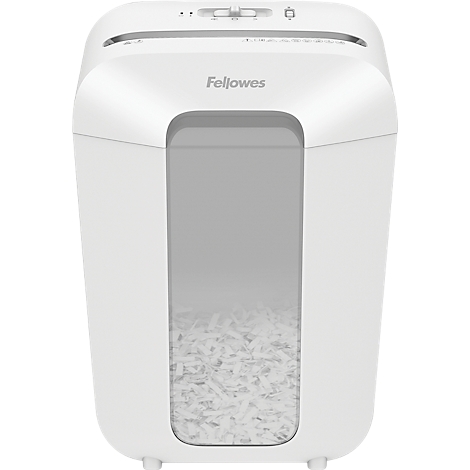 White paper shredder with visible paper scraps in a window, Fellowes brand.