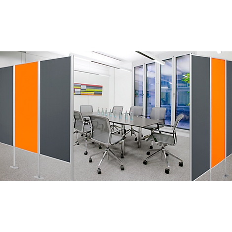Office featuring grey partitions, orange accents, a table with chairs, and large windows.