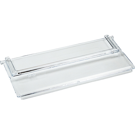 Transparent refrigerator shelf with rounded corners and brackets.