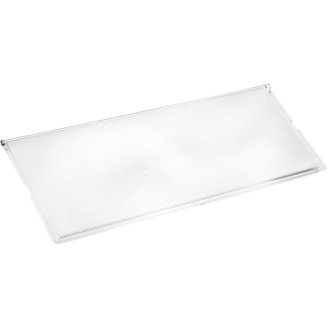 A transparent drawer for a refrigerator, viewed slightly from above.