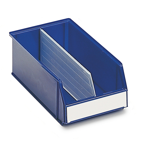Blue plastic sorting box with divider and label field.