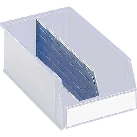 Transparent plastic bin with blue divider. The bin has a rectangular label.