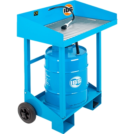 Blue oil collection cart with barrel. A drain pan with a grid is on the cart, with a hose attached. The IBS logo is on the barrel.
