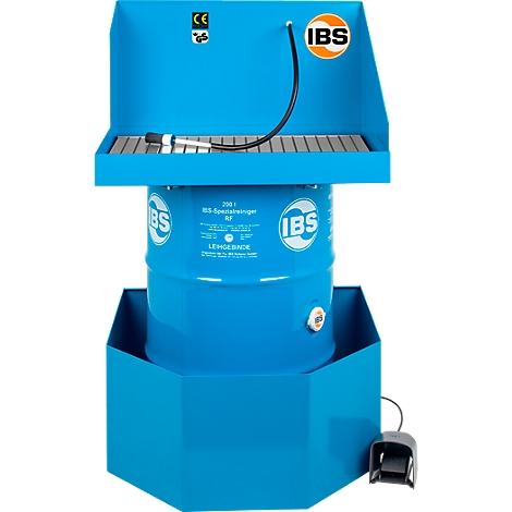 Blue IBS parts cleaning machine with spray gun, pedal and drain pan. IBS lettering and logos.