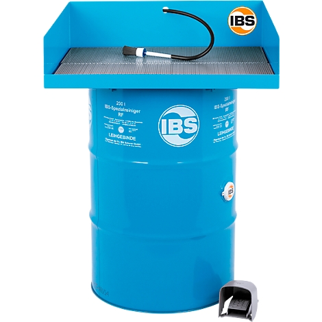 Blue cylindrical cleaning device, top with sieve and hose, foot operation.