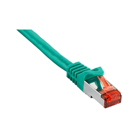 A green ethernet cable with RJ45 connector, close-up.