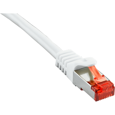 A white network cable, with red connector. Close-up.