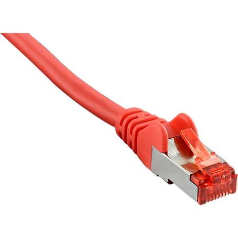 A red network cable with connector in detail, against a white background.