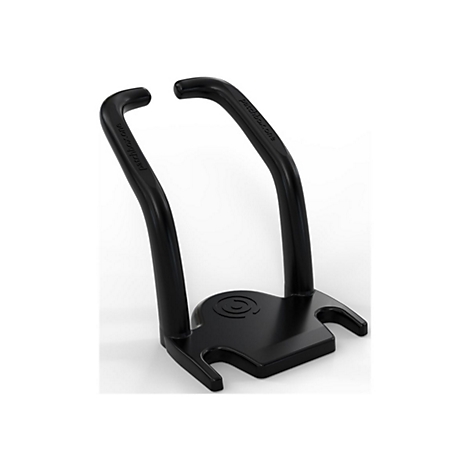 Schwarzer Ständer für Fahrradpedale. Auf den gebogenen Arm steht „patchbox.one“.