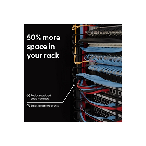 Ein Netzwerk-Rack mit vielen Kabeln in verschiedenen Farben. Aufschrift: 50% mehr Platz. Text: Ersetzen Sie veraltete Kabelmanager, spart wertvolle Höheneinheiten.
