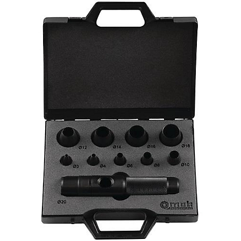 Black tool case with various hole tools. The case is open, the tools are in a gray recess.