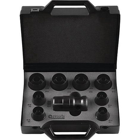 Black toolbox with tools. The box is open. There are round black tools and a long metal part.