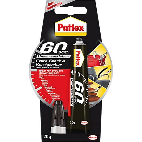 Black tube of Pattex universal glue, 60 seconds, with product image. Various materials are listed on the packaging.