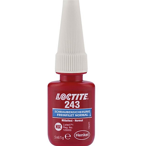 Rote Loctite-Flasche mit weißem Verschluss. Aufschrift: "LOCTITE 243 Schraubensicherung".