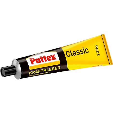 A tube of Pattex power glue, yellow and black, with the inscription "Classic".
