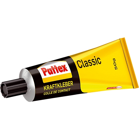 A tube of Pattex Classic glue. Yellow and black, with product name and content indication.