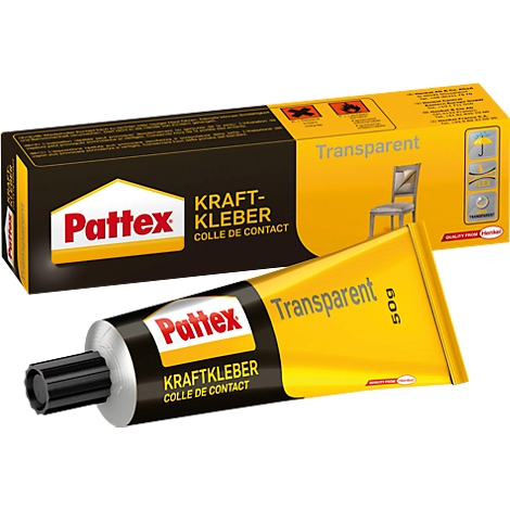 Yellow Pattex adhesive tube with black cap, behind it the product packaging with lettering and a picture of a chair.