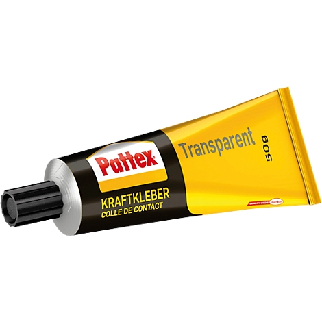 Tube of Pattex adhesive. Label reads: Transparent. Black, yellow, and white dominate.