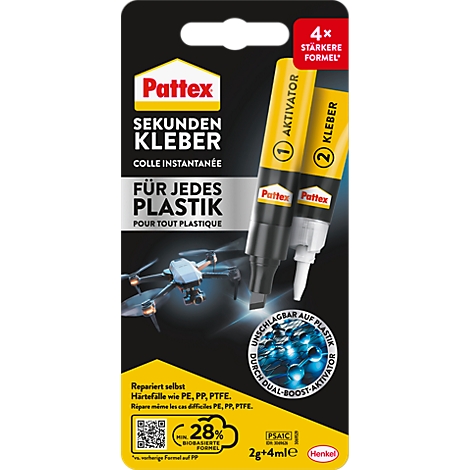 Pattex Sekundenkleber für Kunststoff auf schwarzer Blisterverpackung mit Aktivatorstift und Klebertube.