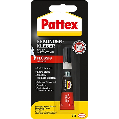 Pattex brand instant glue package with a partially open tube, red background, and texts.