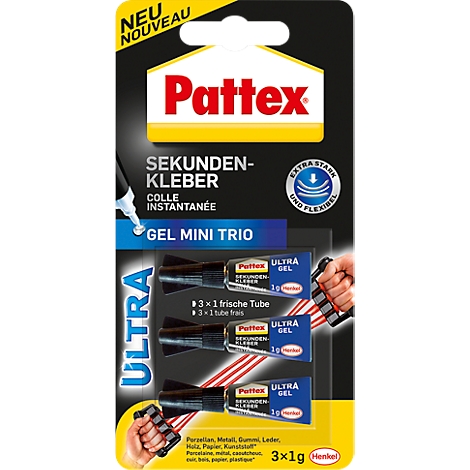 Package with three Pattex instant glues. The package shows the glues and the words 'Ultra Gel'.