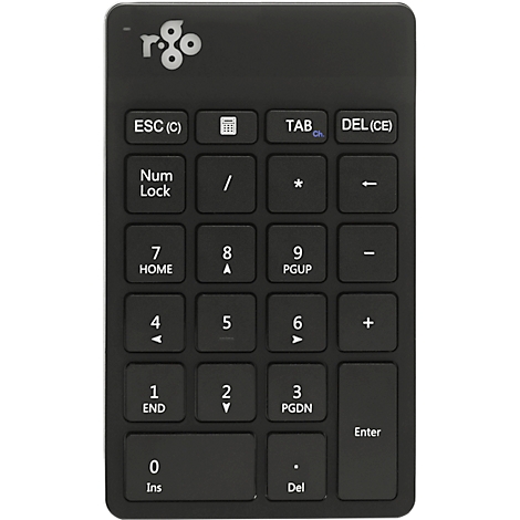 Un pavé numérique noir et rectangulaire avec des touches blanches. Des chiffres, des symboles et des noms de fonctions sont imprimés sur les touches.