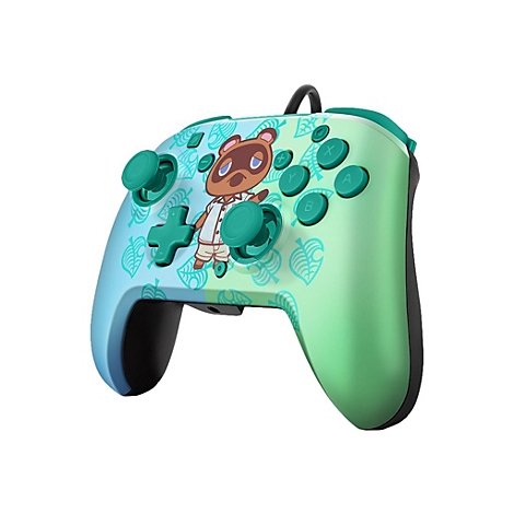 Controller im Animal Crossing Design. Hellblau-grün mit Tom Nook und Blattmuster.