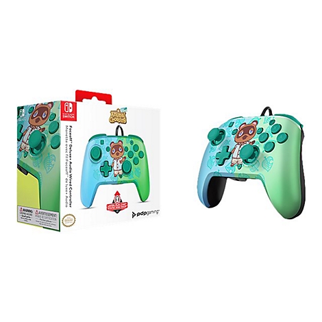 Controller im Animal Crossing Design. Auf blau-grünem Grund ist Tom Nook abgebildet, dazu Blätter. Neben einer Verpackung mit Controller-Abbildung.