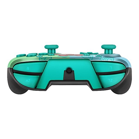 Nahaufnahme eines türkisfarbenen Controllers. Die Knöpfe sind hellgrün und blau. Auf den Schultertasten stehen die Buchstaben R, L, ZR und ZL.
