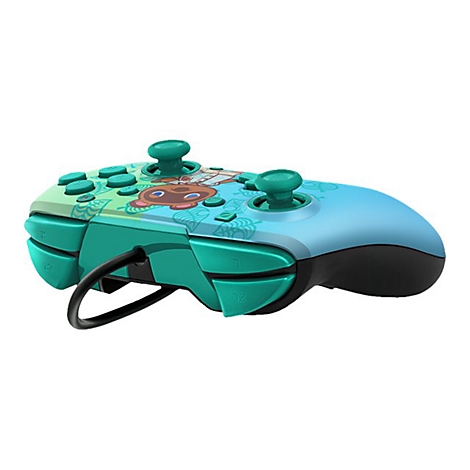 Draufsicht auf einen Nintendo-Controller im Animal Crossing-Design. Grün-blaue Farbtöne mit Zeichnungen und Joy-Sticks.