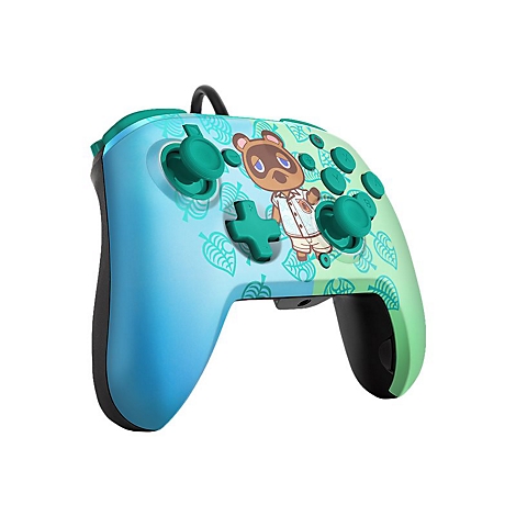 Ein Nintendo Switch Controller mit Animal Crossing-Design. Auf blau-grünem Farbverlauf ist Tom Nook und Blattmuster abgebildet.