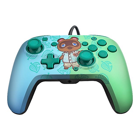 Controller mit Animal Crossing-Design. Grün-blaue Farbverläufe mit Tom Nook und Blatt-Motiven.