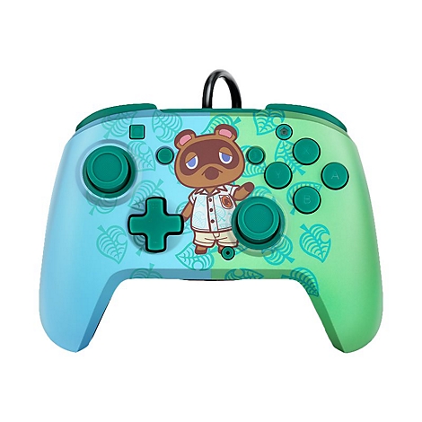 Ein Nintendo Switch-Controller mit Tom Nook-Design. Blau-grüner Farbverlauf mit Blättern und Tom Nook im Zentrum.