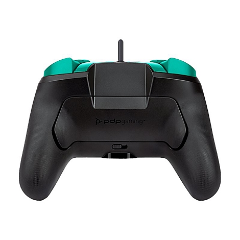 Schwarzer Controller mit türkisfarbenen Akzenten und dem Logo "pdp gaming".