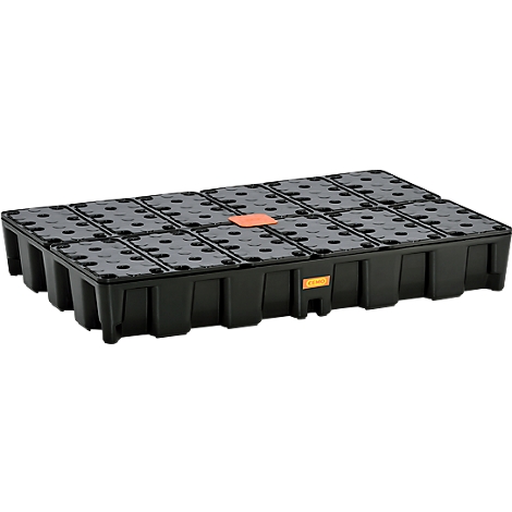 Schwarze Kunststoffpalette mit mehreren Fächern, orangefarbenen Aufklebern.
