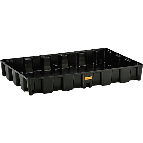 Schwarze Kunststoffbox, rechteckig, mit verstärkten Seiten und orangefarbenem Label.