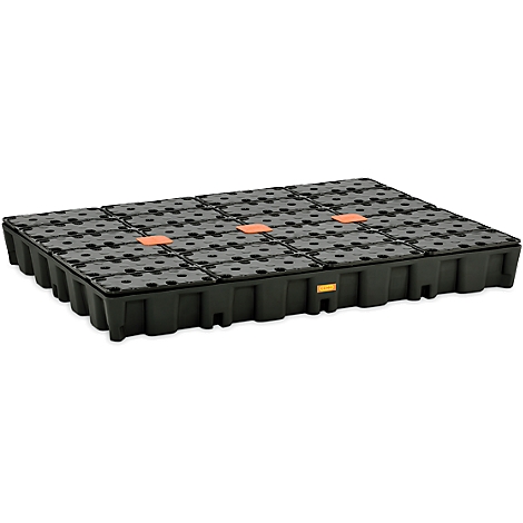 Schwarzer, rechteckiger Behälter mit quadratischen Öffnungen, orangefarbenen Markierungen und Löchern. Mehrere Module.