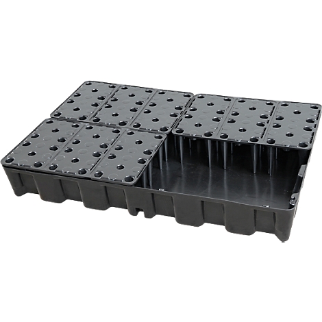 Black planting tray with removable, perforated inserts. There are support pillars underneath.