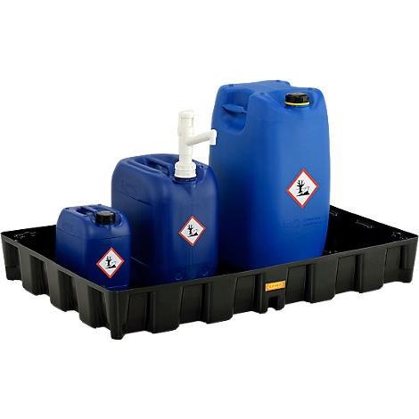 Three blue canisters of different sizes on a black spill containment tray. All bear hazardous substance labels.