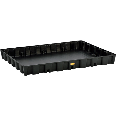 Black, rectangular plastic tray with ribbed sides. A yellow label on the side.