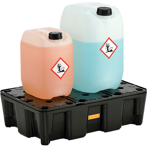 Two canisters on a black drip tray, hazard symbol. One filled with orange, one with blue.