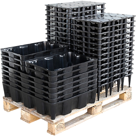 Black plastic containers and pallets on which they stand.