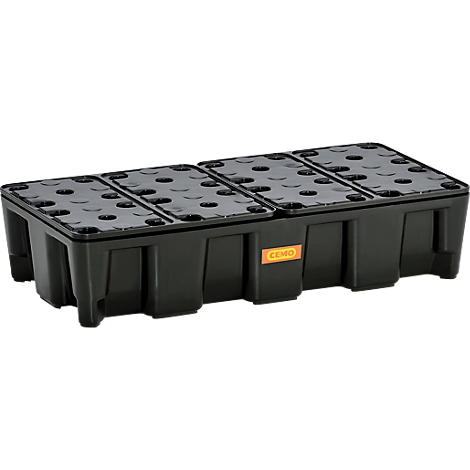 Black plastic liquid containment tray with holes and the "CEMO" logo.