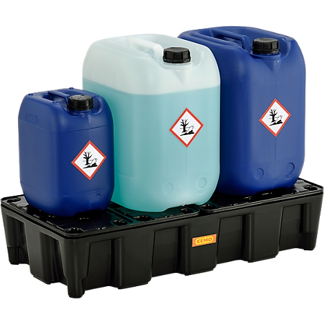 Three containers of different sizes with hazardous goods labels stand on a black drip tray.